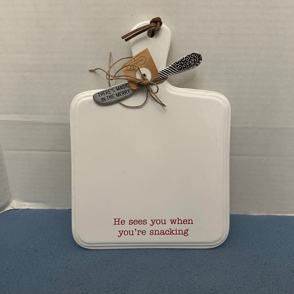 Mud Pie Christmas Ceramic Cheese Board Set He Sees You When Youre Snacking White
